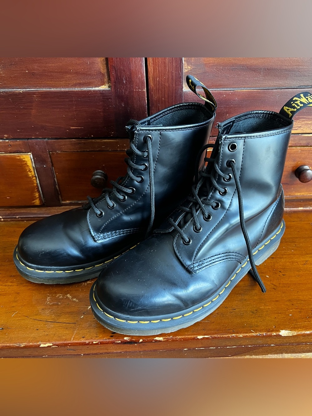 Dr. Martens Black Leather 8-Eye Lace-Up Boots with Yellow Stitching